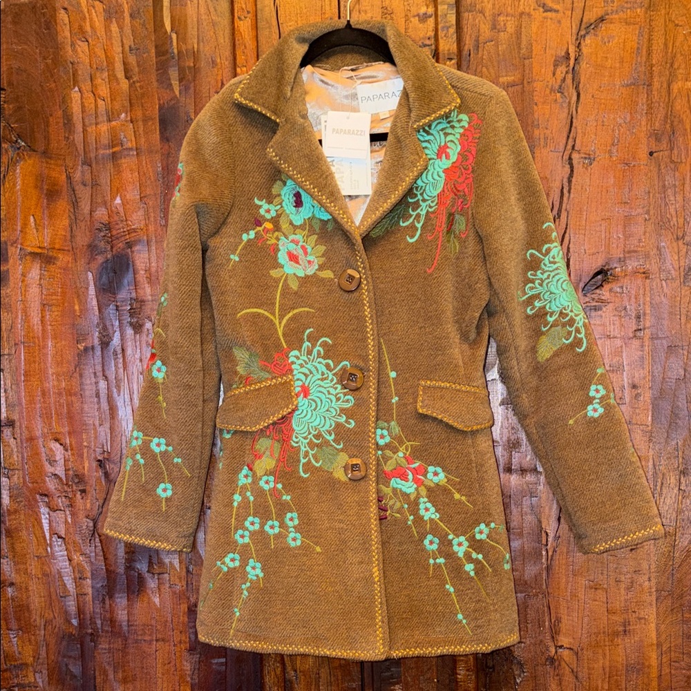 Paparazzi Brown Floral Embroidered long coat. New with tags. Size Sm